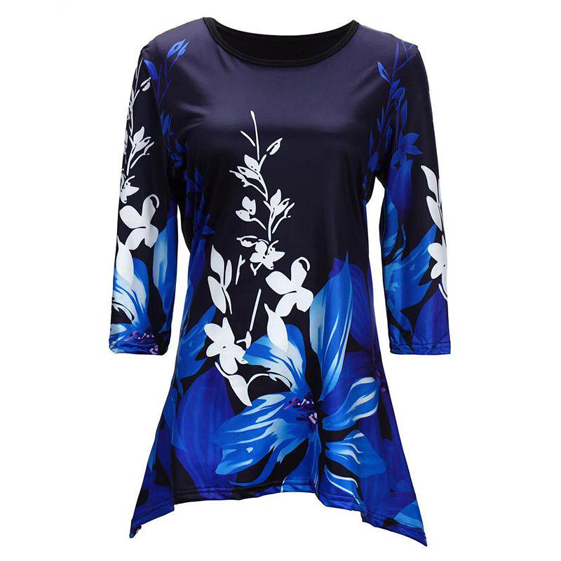 Plus Size Womens Asymmetric Floral Printed Short Sleeve Tunic Blouse For Summer Comfort