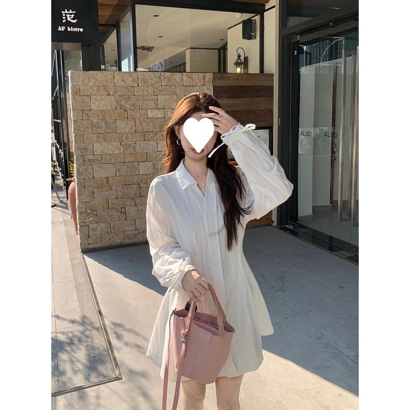 White small lapel long-sleeved dress women's spring dress new design sense lace-up and thin waist A-word short skirt