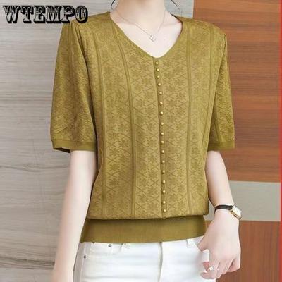 Women's Knitted T-shirt V-neck Retro Top Hollowed Out Loose Thin Knitted Shirt Short Sleeve Spring and Autumn