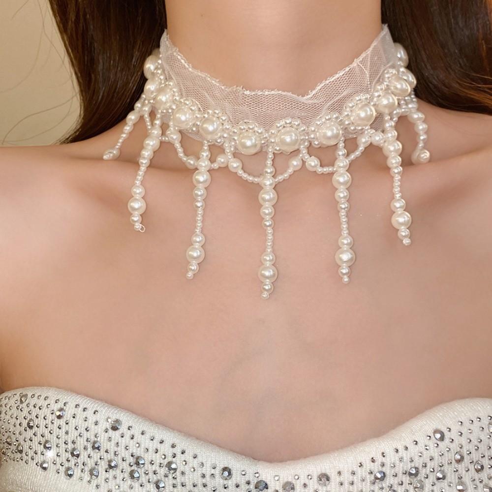 Creative Pearl Lace Choker White Mesh Neck Jewelry Personalized Tassel Beads Necklace  Accessories