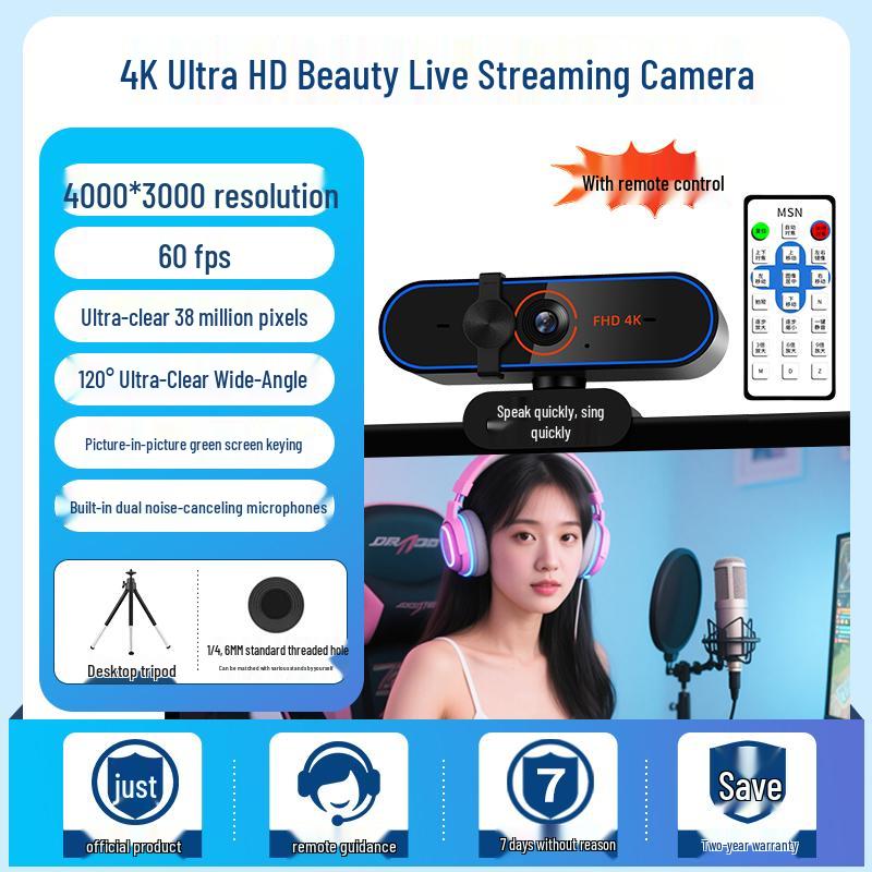 4K Ultra HD 60fps Streaming Camera with USB & Microphone for Desktop/Laptop