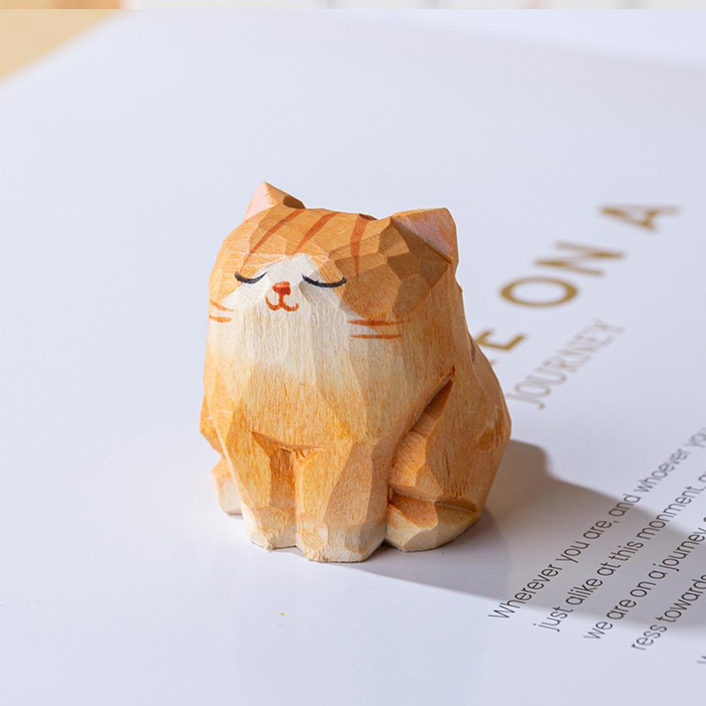 Hand Carved Wooden Cat Figurine Cute Kitten Statue Home Desktop Decor Calico Orange Cat Ragdoll Bombay Cat Miniature Craft Gift