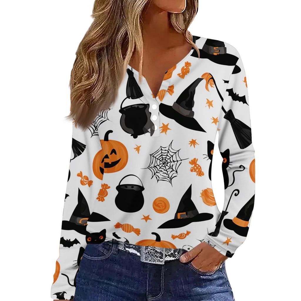 Women's Casual Halloween Printed V-Neck Long Sleeve T-Shirt with Decorative Buttons