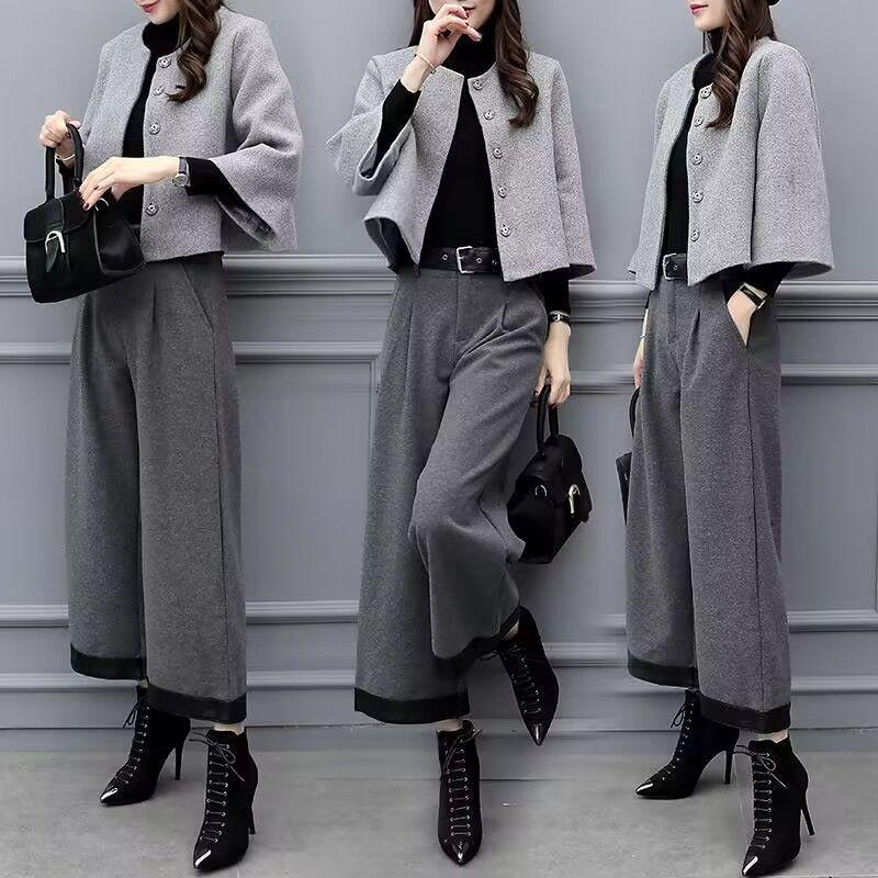 2025 Women's Plus Size Woolen Two-Piece Suit: Short Coat & Wide Leg Pants for Autumn/Winter Fashion.