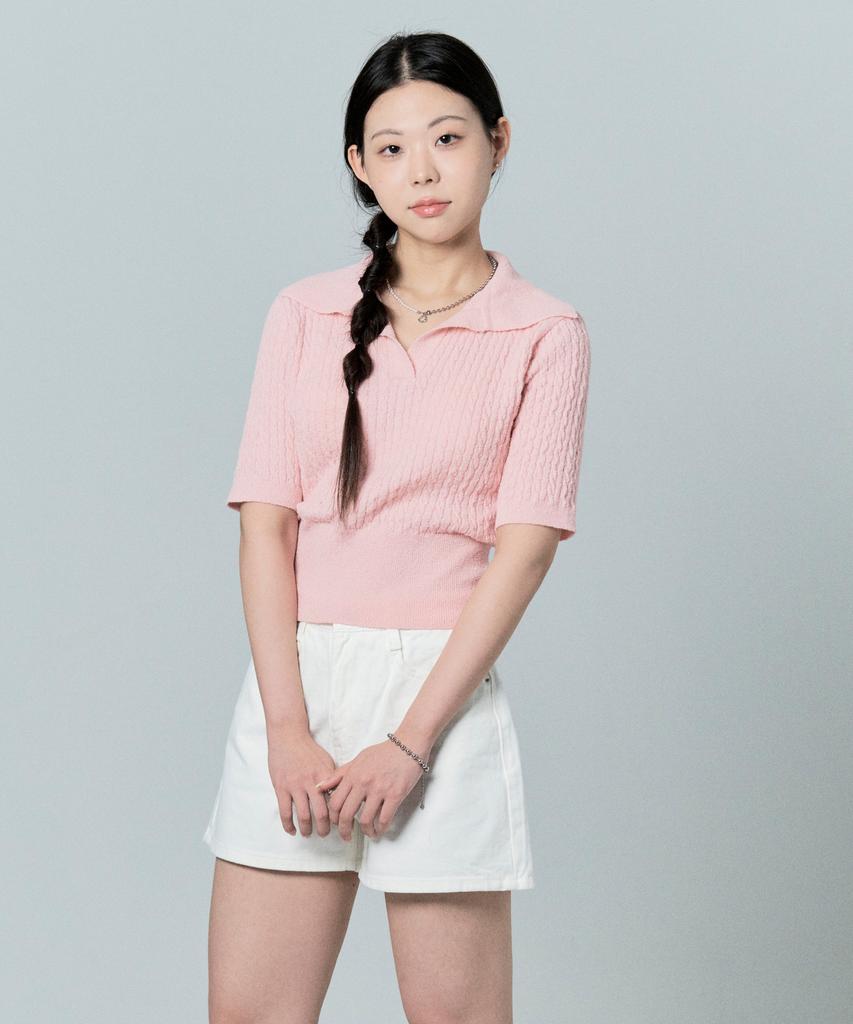 Tobaseu Boucle Cotton Cable Collar Short Sleeve Knit (Pink)