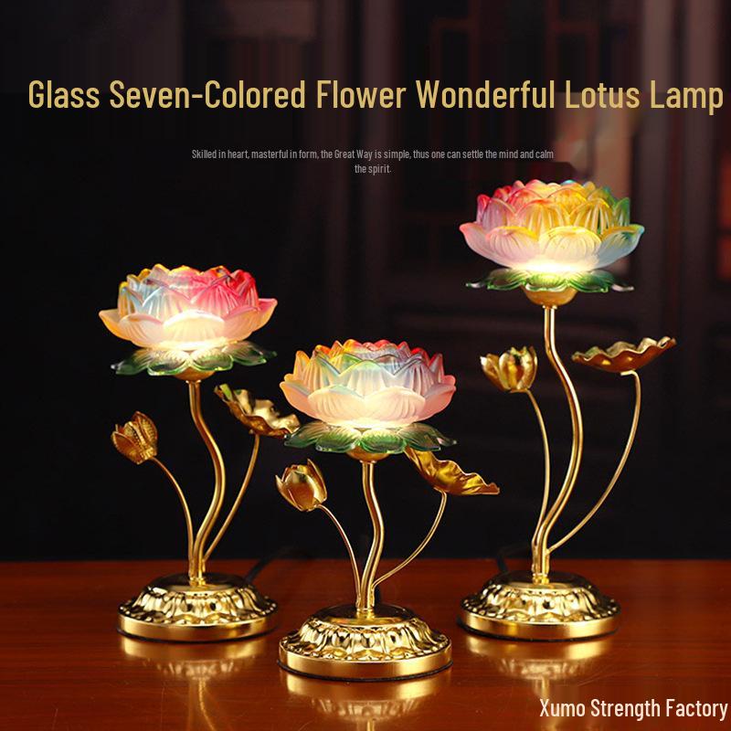 Lotus Lantern Copper Alloy Seven-Color Offering Lamps - Pair
