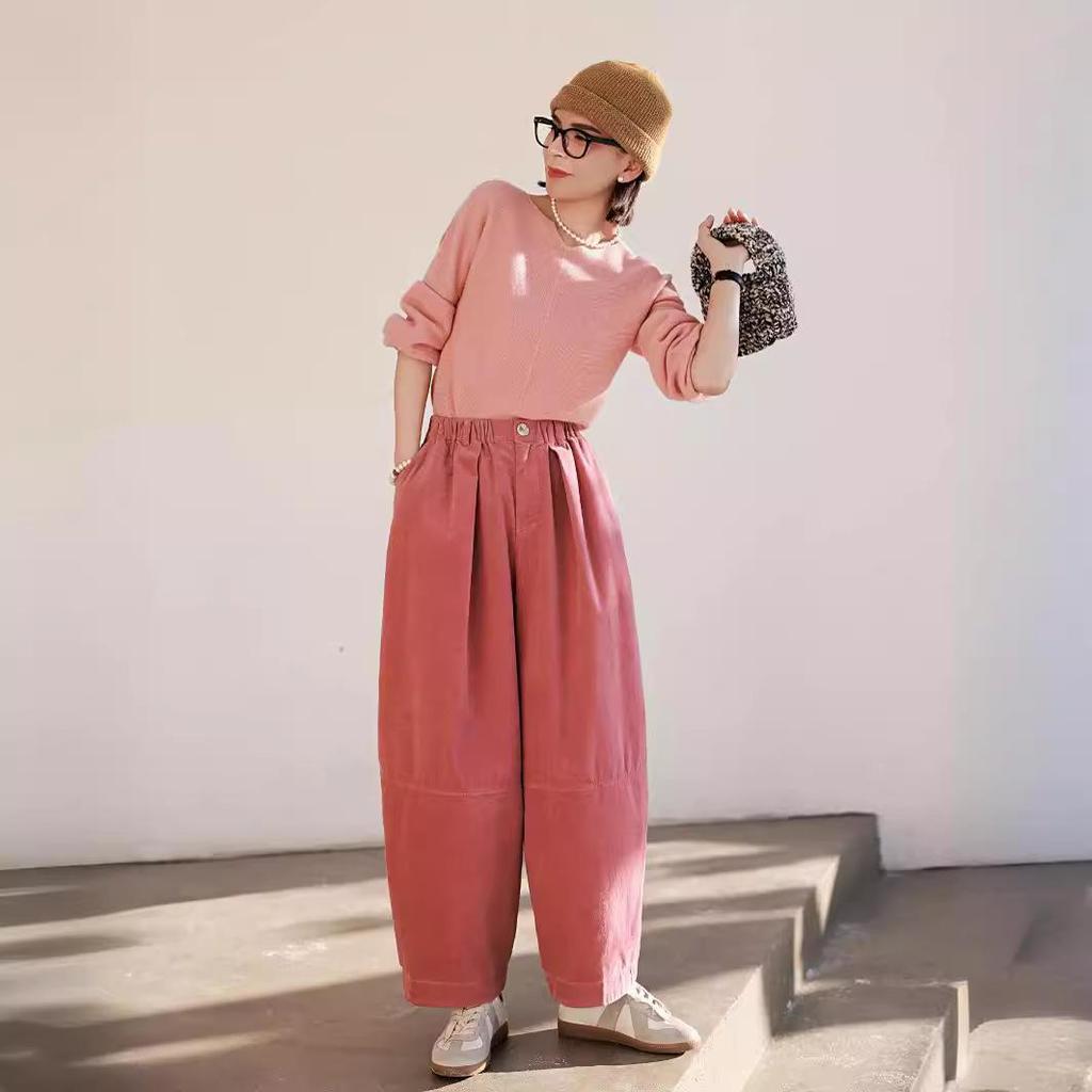 Retro Corduroy Lantern Pants with Ribbed Texture - Literary Style