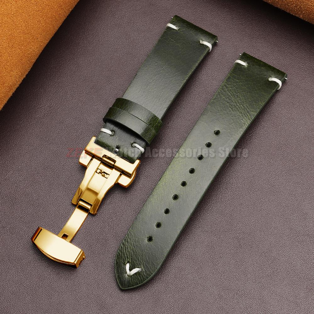 Vintage Oil Wax Leather Watch Band 18mm20mm 22mm Bracelet for Seiko Butterfly Buckle Stitching Cowhide Strap for Omega Watchband