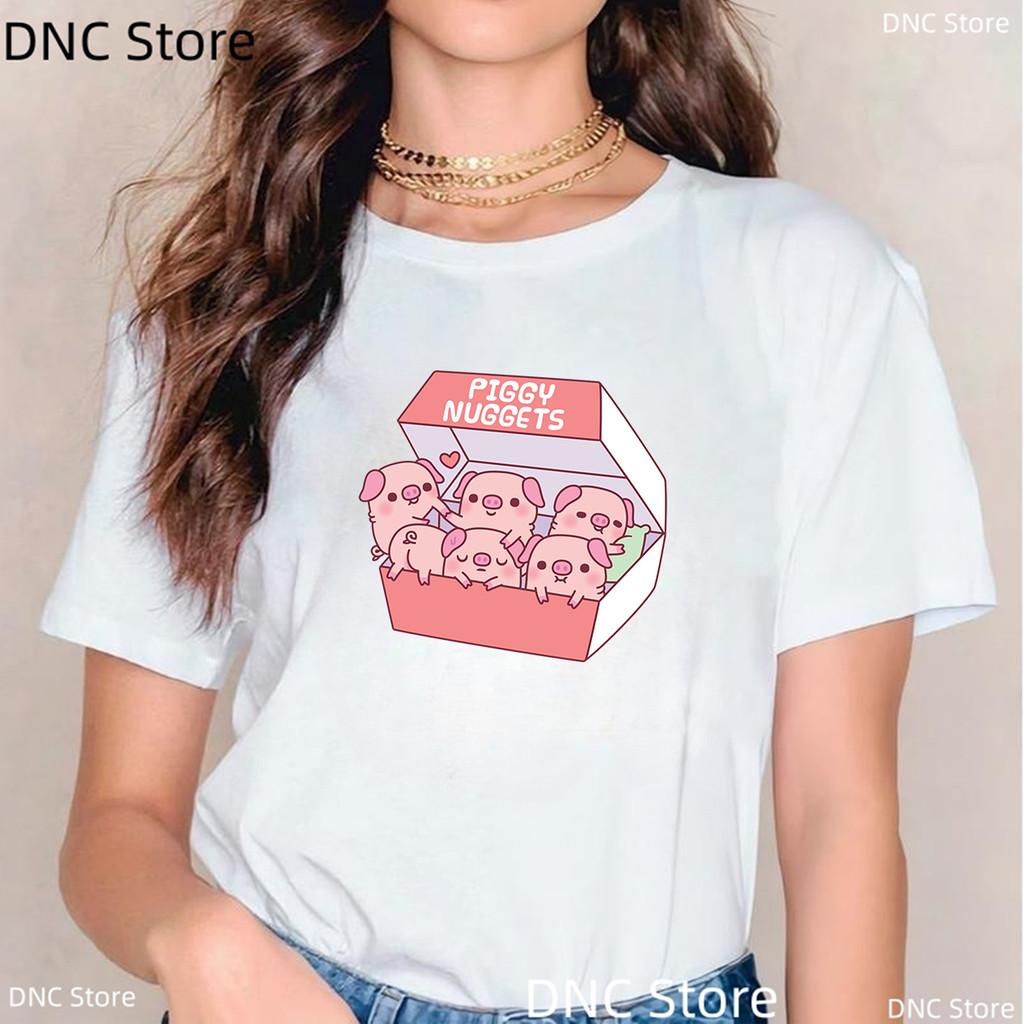 New Pink Pig Boba Tea Printed T Shirt Women Cartoon Animal T-shirt Casual Tops Bubble Tea Female Short Sleeve Streetwear Tshirt