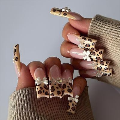 Leopard Print French Wearing Nail Manicure Removable New Whitening Finished Nail Piece Bow Super Long Water Pipe