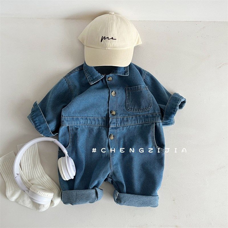 

Spring and Autumn Trendy Thin Long-Sleeve Denim Romper for Infants and Toddlers, Casual Loose-Fitting Jumpsuit for Boys and Girls Picture color 66