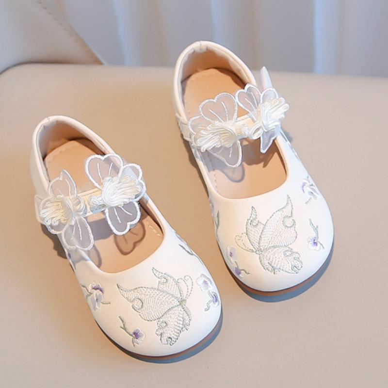 Girl Leather Shoes Mary Jane Sweet Embroider Butterfly Children Hanfu Performance Single Shoes Fashion Kids Princess Dress Shoes