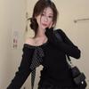 Korean Polka Dot Streamer T-shirt Women's Autumn Long-sleeved Slanted Shoulder Bottoming Shirt Pure Desire Black Slim-fitting Off-the-shoulder Top