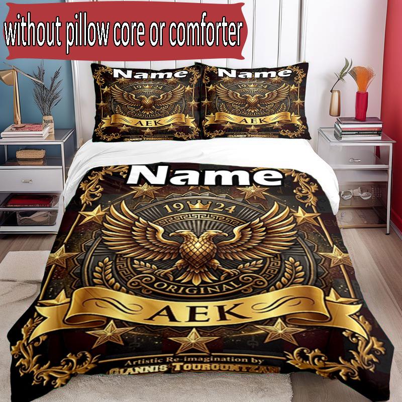 3pcs Duvet Cover Set (1*Duvet Cover + 2*Pillowcase, Without Core), Custom Name AEK Athens FC Pattern Bedding Set, Home Bedroom Decor Gift