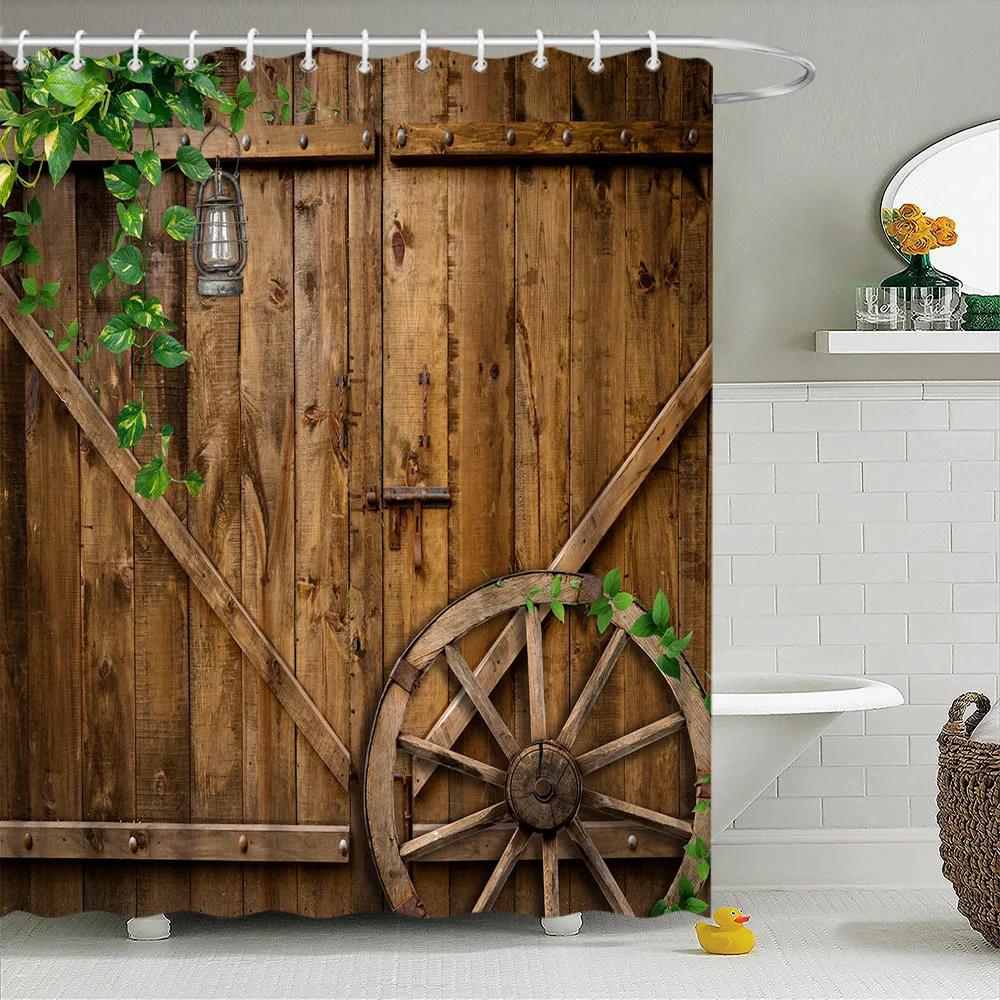 Retro Holz Türen Duschvorhang Set Rustikal Alt Vintage Scheunentor Stoff Badezimmervorhänge Bauernhaus Baddeko Badwände Haken