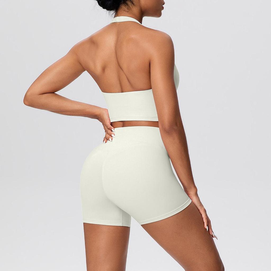 Solid Color Halter Sports Bra & Shorts Fitness Set