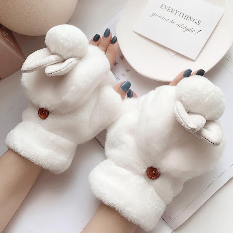 Gloves female winter versatile ins cute girl student cute rabbit flip dew finger plush plush warm One size fits all