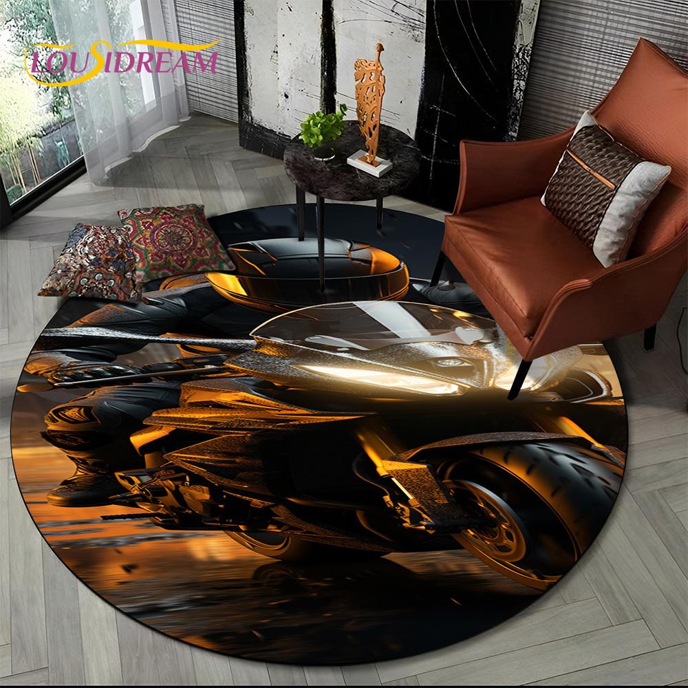 3D Retro Vintage Motorcycle Cartoon Round Area Carpet Rug for Living Room Bedroom Kid Playroom Decor,Pet Area Rug Non-slip Gift
