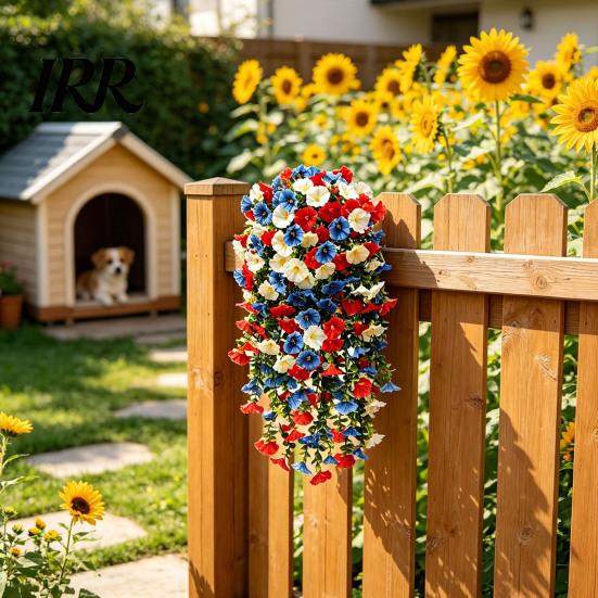 Weatherproof Artificial Flowers Patriotic Red White Blue Hanging Morning Glory Flower Vine UV Resistant Fake Plants for 4th of July Memorial