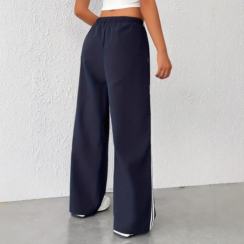 Spring Women's Elastic Waist Drawstring Pants with Side Stripes - Casual High Waist Straight Leg Sportswear