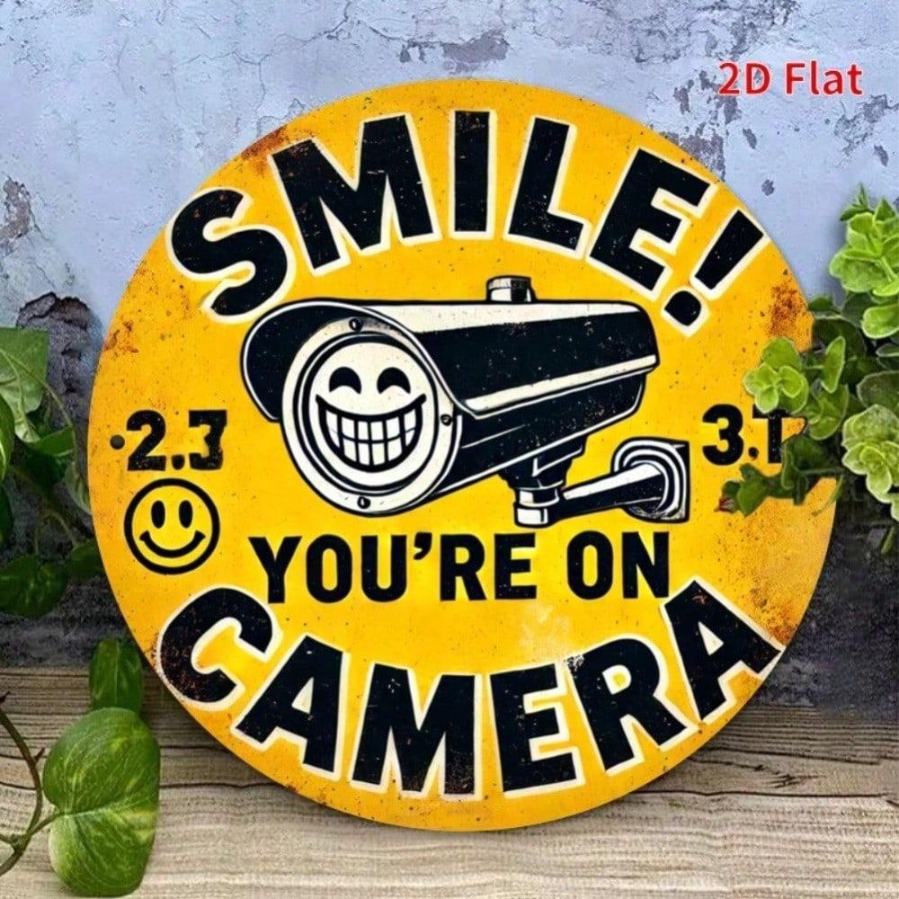 2D Flat Metal Sign Smile Youre On Camera Retro Tin Sign Yellow Round Metal Plate for Bar Home Wall Decor