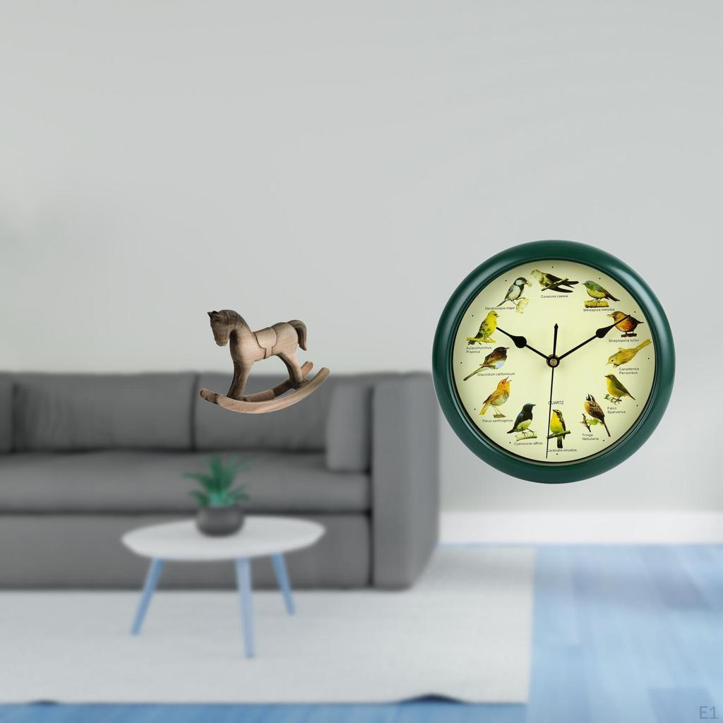 Retro Artistic Wood Horse Sculpture with Musical Birds Clock Green Frame Centerpiece for Office