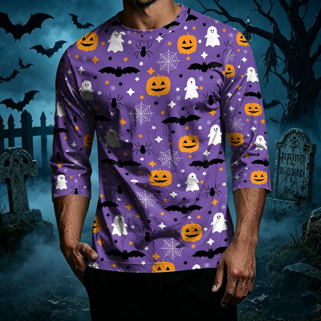 Men Casual Halloween Print Raglan Sleeve T Shirt Crew Neck Three Quarter Sleeve Top for Everyday Wear
