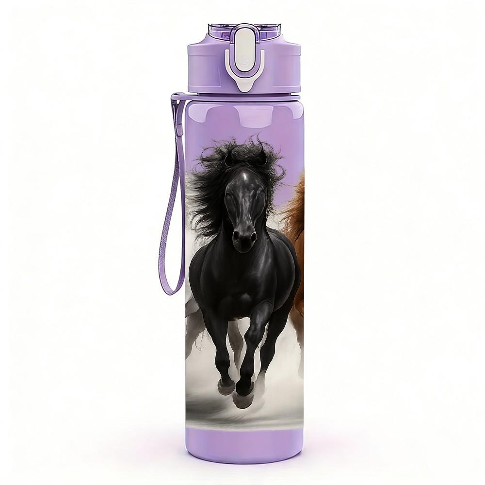1PC Multiple Horses Running Scene Print 750ml Color Plastic Sports Water Bottle Leakproof Flip Straw Lid Suitable for Sports Office Home Use