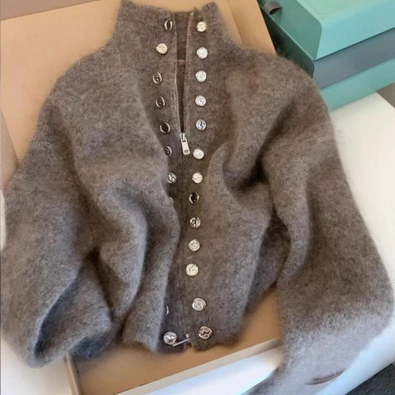 Grey Double Breasted Stand Collar Knitted Sweater Jacket Women Autumn Winter Thickened High Quality Lazy Zip