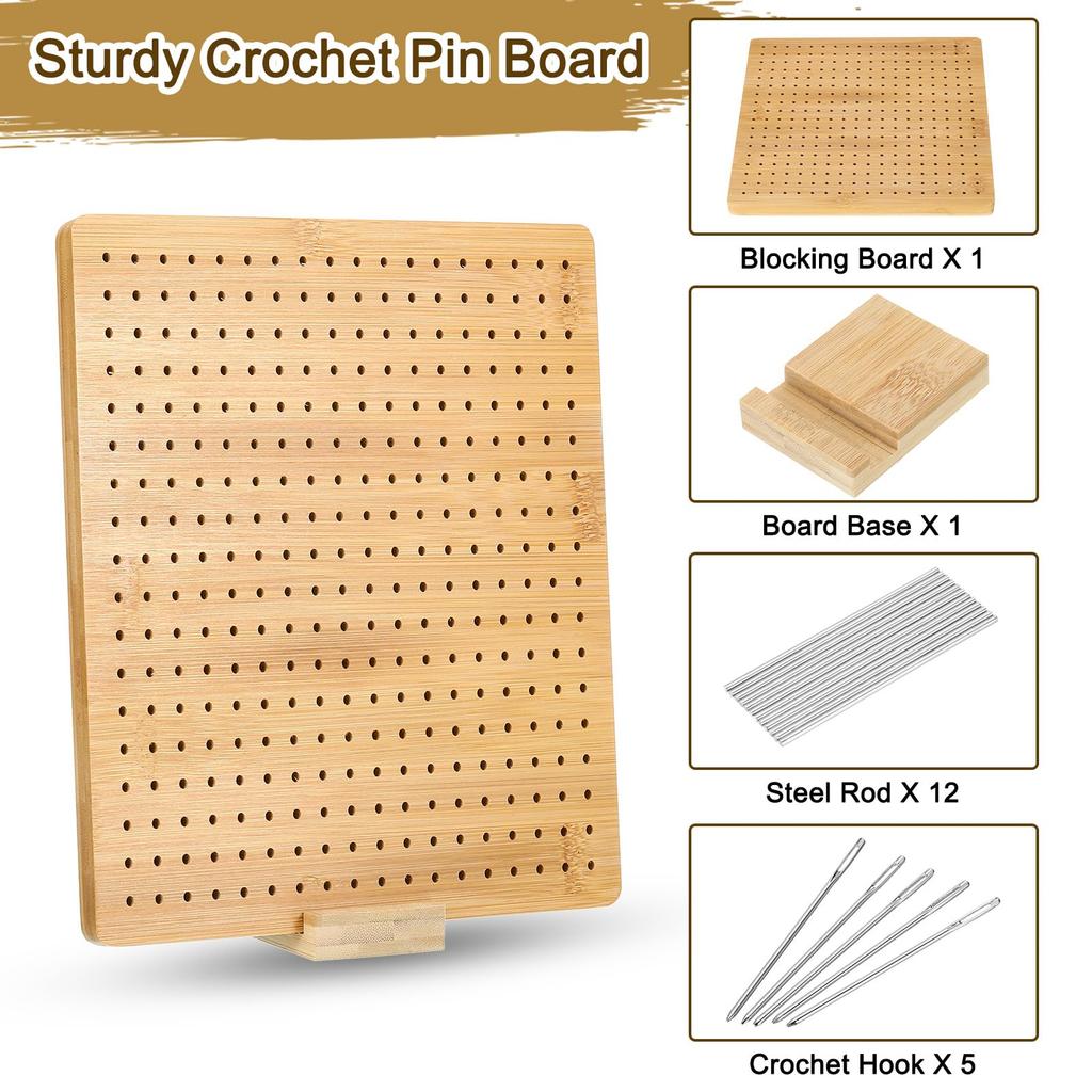 PATIKIL Crochet Blocking Wooden Blocking Board with 12 Pins and 5 Hooks for Crochet 3mm Crochet Knit Granny Square Handmade Board, Machine, Holes,