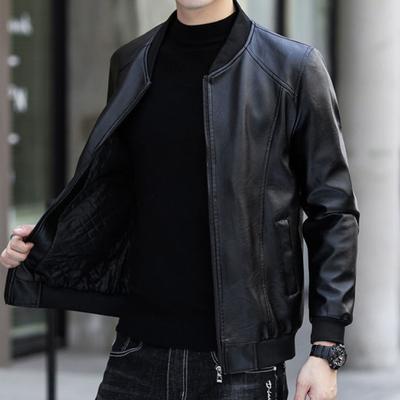Men's Faux Leather Jacket Slim Fit Zipper Closure Jacket with Baseball Uniform Collar Autumn Winter Warm Jacket for Sports Office Party
