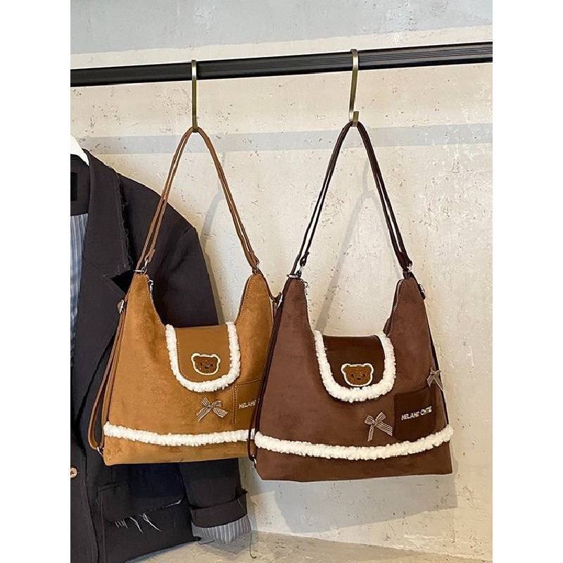 Small Bear Cartoon Backpack For Women With Suede Material And Adjustable Straps For Daily Use
