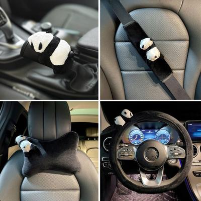 Funda de felpa para cinturón de seguridad de coche, bonita funda para volante de Panda, universal para las cuatro estaciones, para reposacabezas de camión, SUV, funda para palanca de cambios, interior del coche