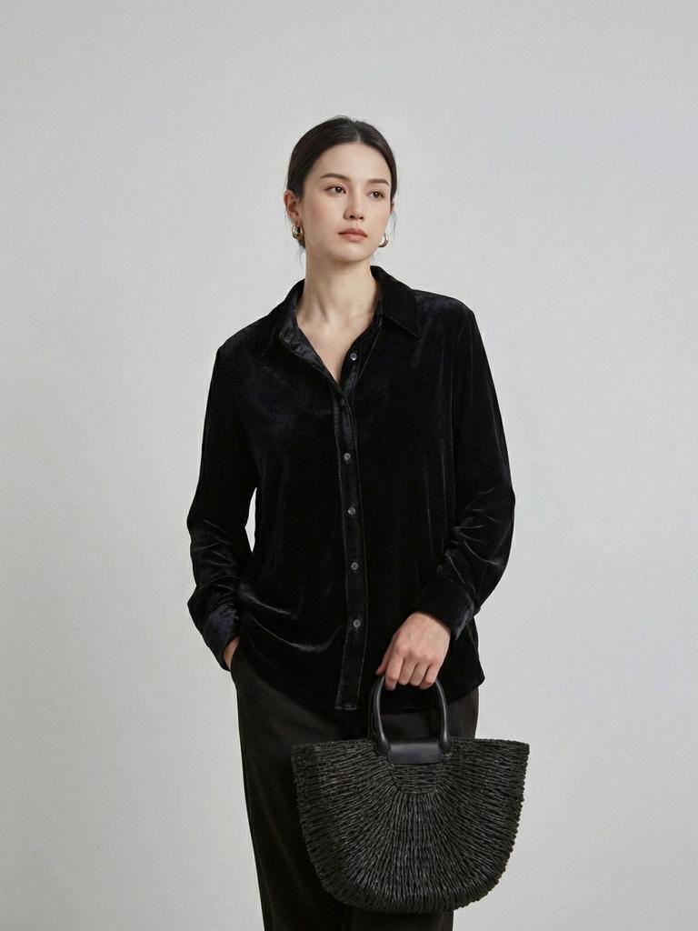 Women's Retro Black Silk Velvet Shirt - Mid-length, Loose-Fit, Perfect for Spring Commutes.