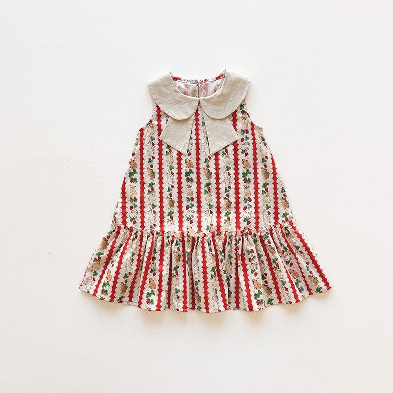 Girls Summer Cartoon Print Block Dress With Peter Pan Collar And Bow Tie Sleeveless Vest Dress For Kids 90cm