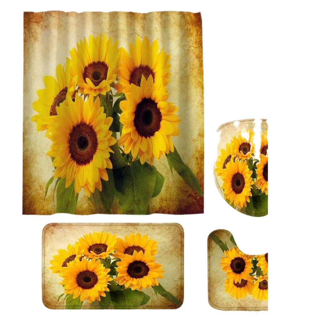Five Sunflowers Bathroom 4 Piece Set Shower Curtain Bath Mat Curtain Toilet Lid Mat Toilet Pedal