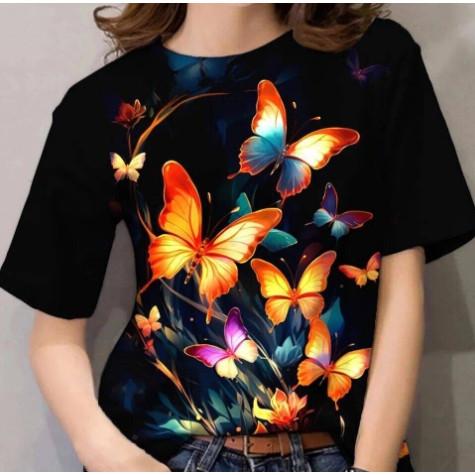 Summer butterfly pattern T-shirt trendy and fashionable women's 3D printed round neck short sleeved shirt