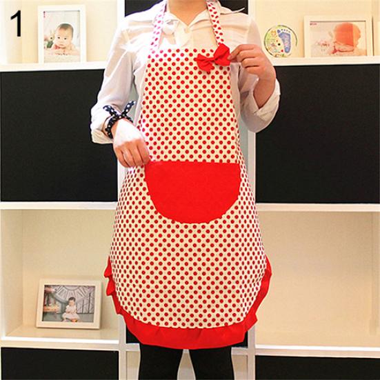 Women Cute BowKnot Dot Aprons Kitchen Restaurant Cafe Bib Cooking With Pocket