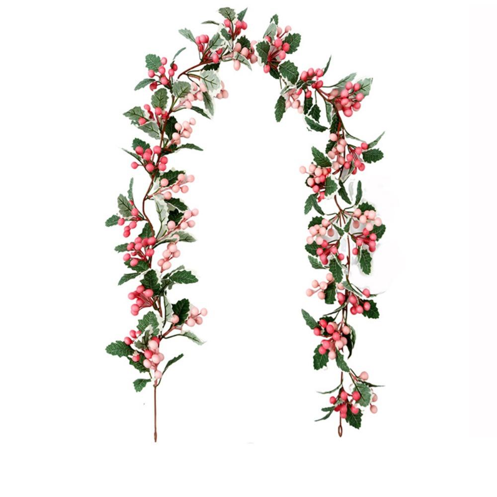 Green Leaves Christmas Pink Berries Wreath DIY Simulation Plants New Year