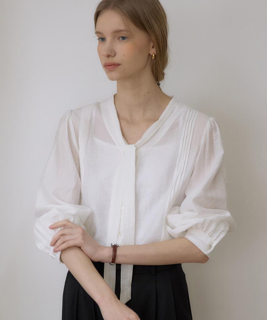 OURHOPE Tencel Scarf Tie Pintuck Blouse - Ivory