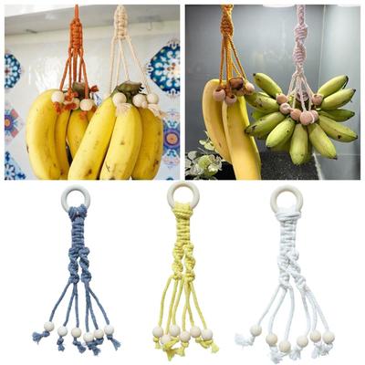 Cotton Rope Hanging Banana Hanger With Wooden Bead, Under Cabinet Banana Macrame Holder For Home Kitchen