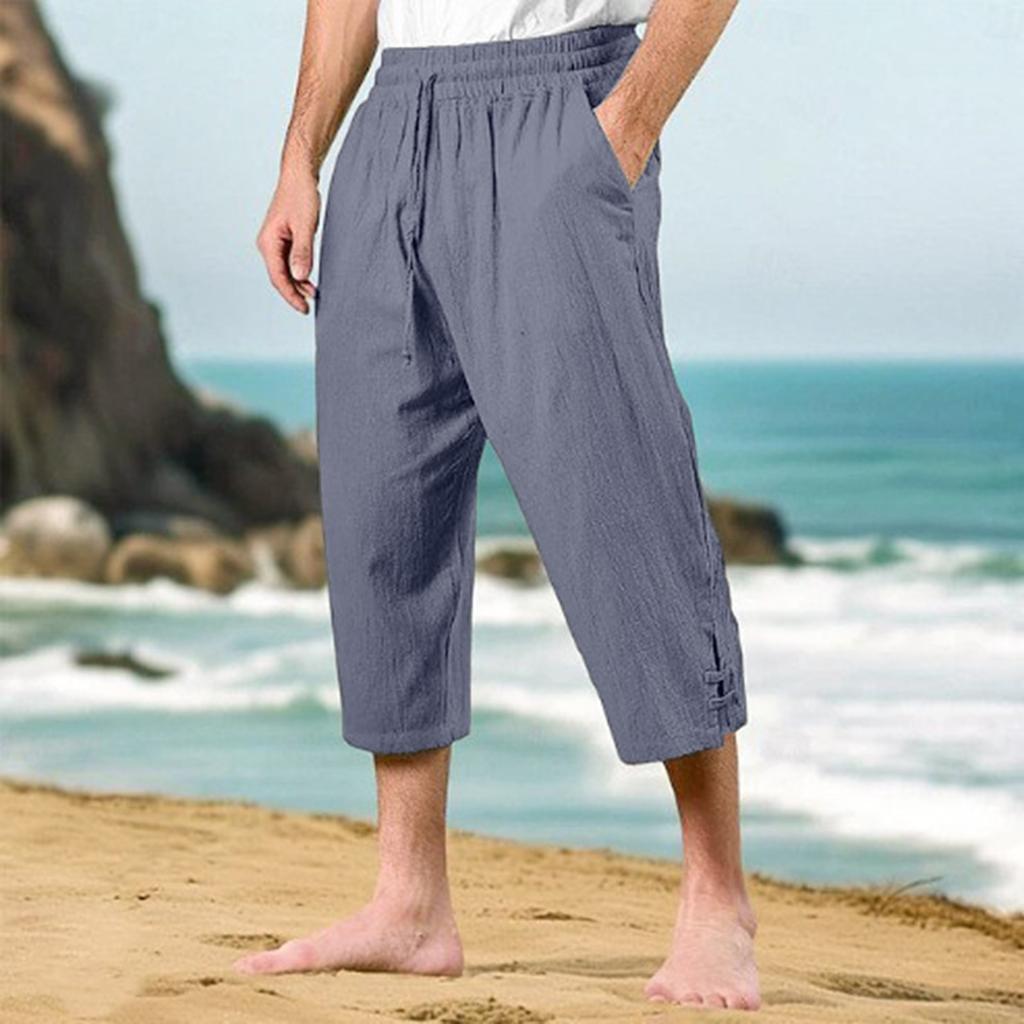Herren Baumwoll-Leinen-Hose, Sommerhose, Strandhose, Kordelzug Elastischer Bund