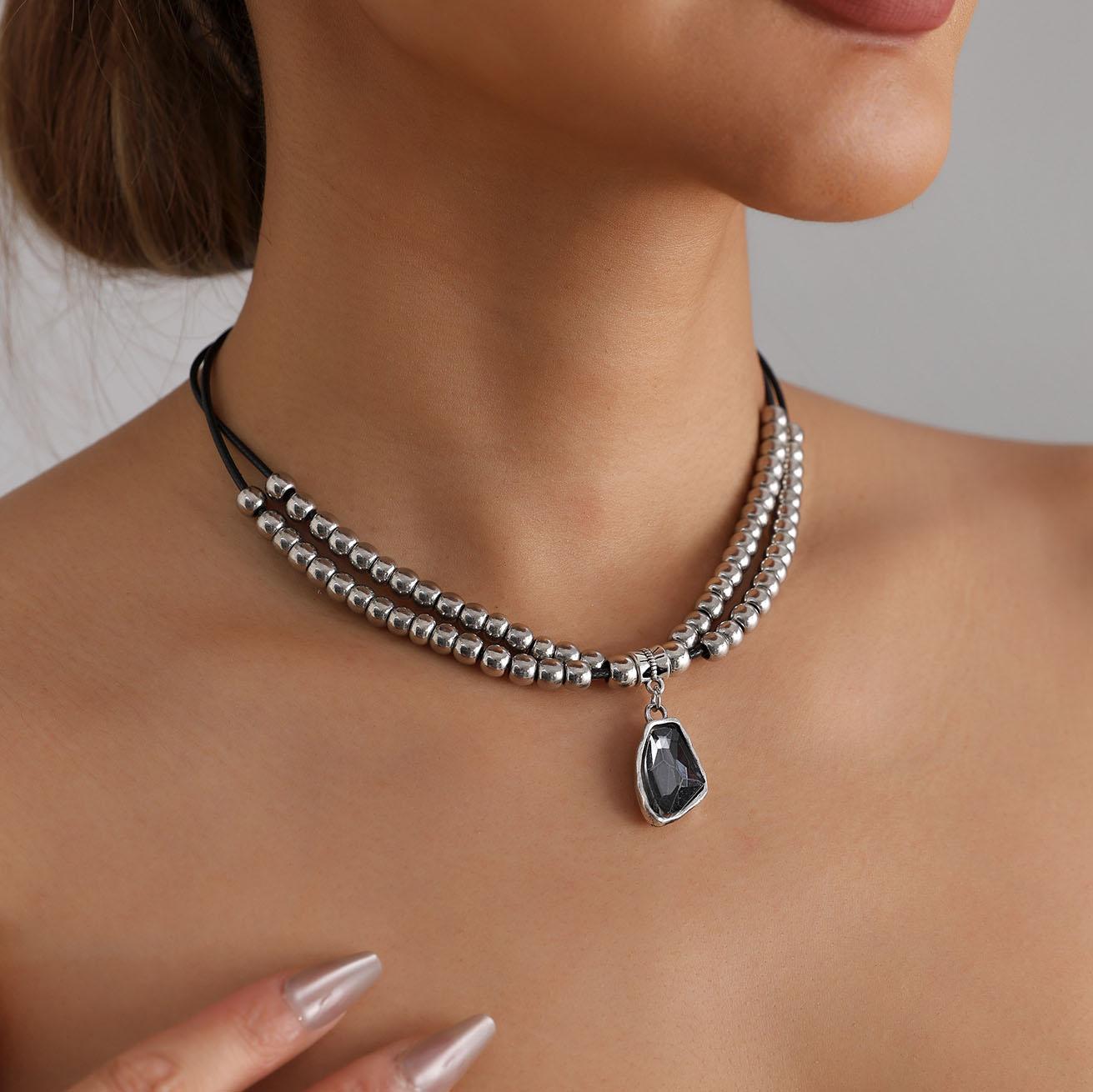 

New Gray Crystal Pendant Irregular Beads Necklace for Women Fashion Elegant Double-layer Metal Beaded Choker Party Zircon Gifts