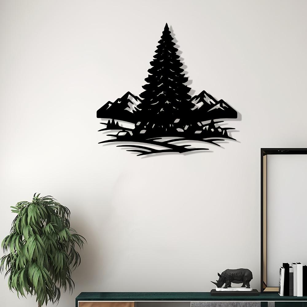 Pine Tree Mountain Metal Wall Art Weather Resistant Sculpture Christmas New Year Gift Nature Lovers Living Room Garden Fence Decor 1pc