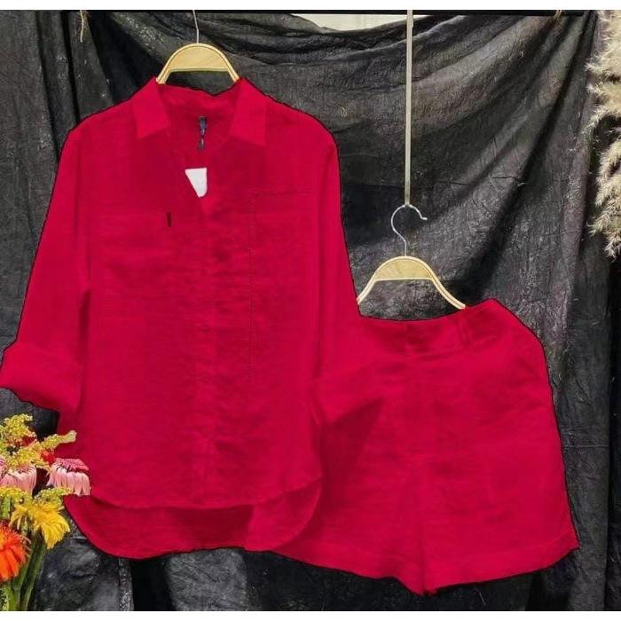 Solid Color Cotton-Linen Shirt & Pants Set - Women's Fashion for Spring & Autumn