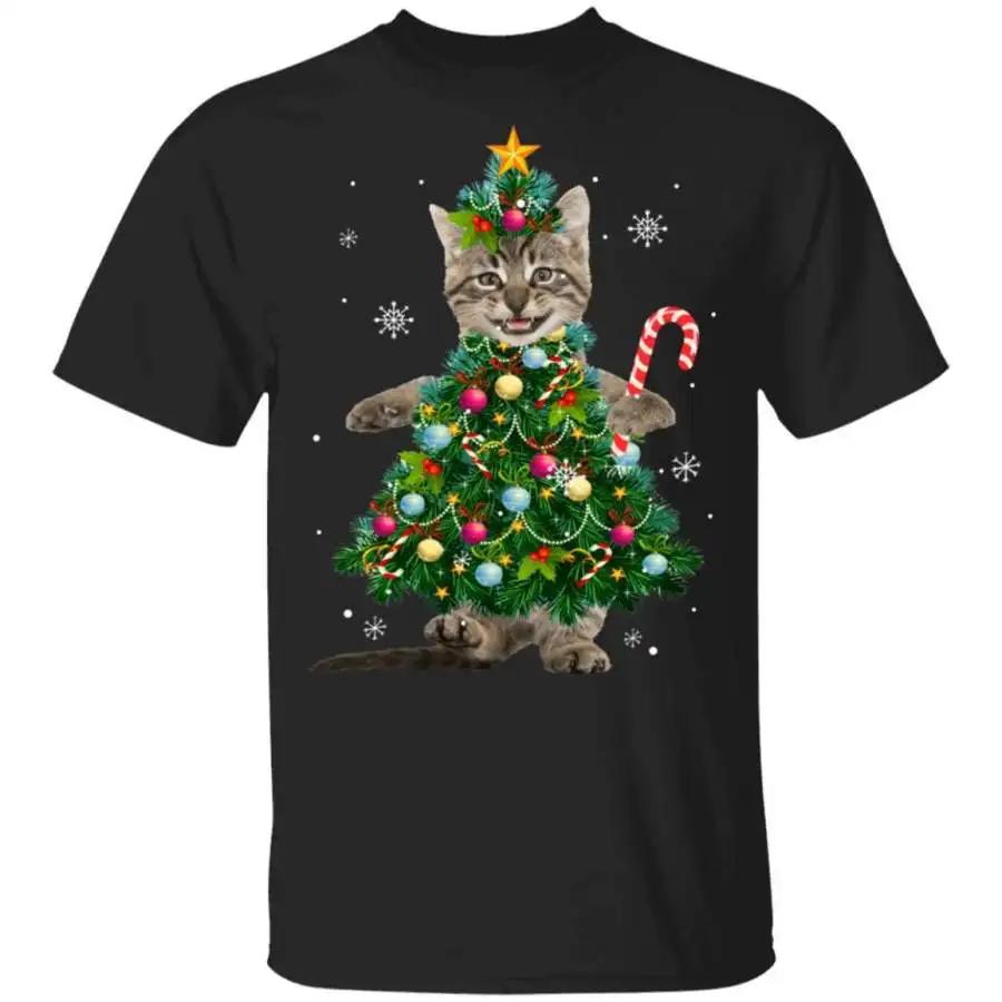 Maine Coon Cat Christmas Light Tree Funny Xmas Cat Gift TShirt 100 Cotton ONeck Short Sleeve Casual Mens Tshirt Streetwear S