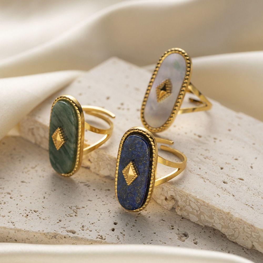 Unique Exquisite Vintage Open Rings Shell Simple Oval Stone Rings Stainless Steel Women Jewelry Exaggerated Finger Ring Women