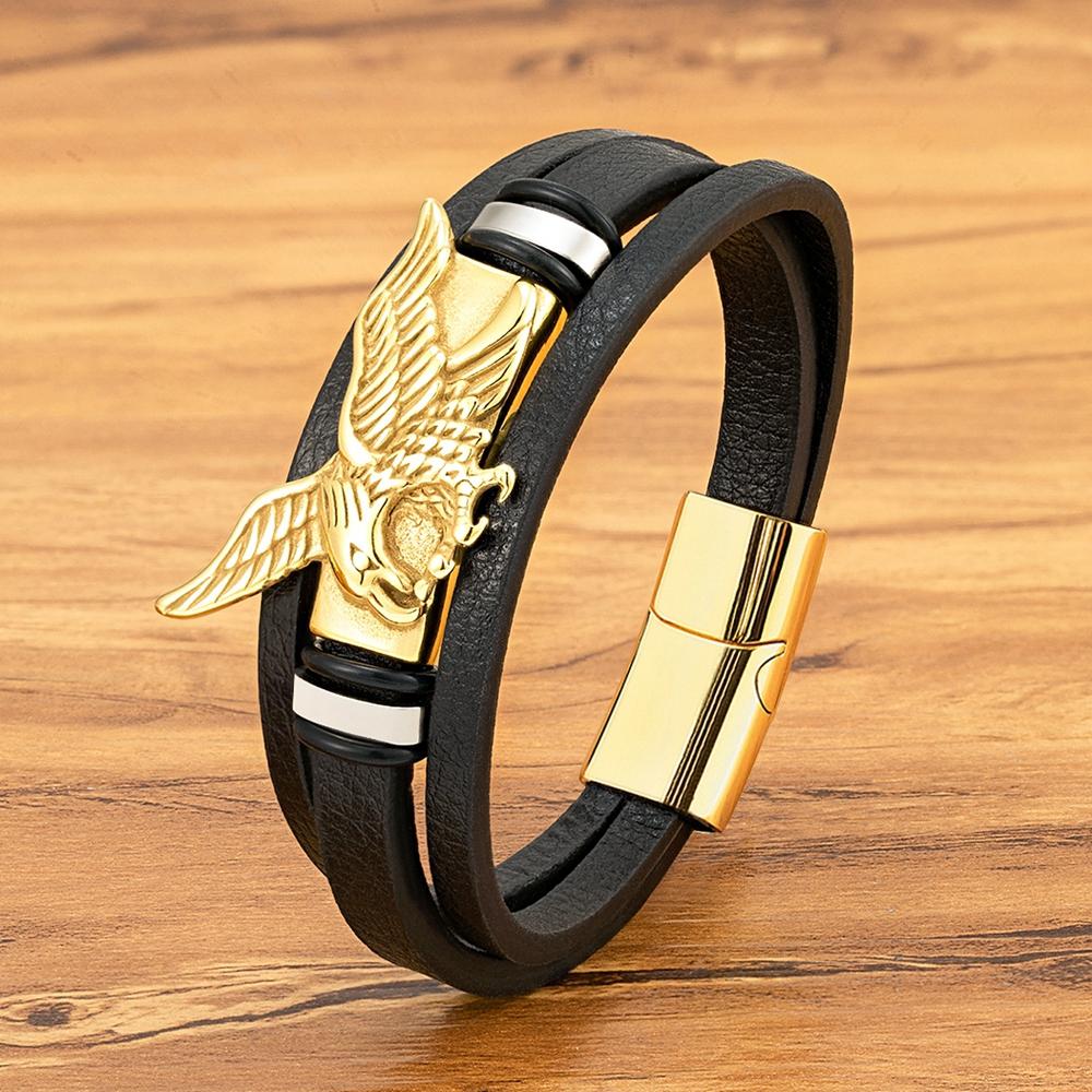 Bracciale Aquila Animale per Uomo Mano Multi-Strati Pelle Nera con Chiusura Magnetica Gioielli Regalo per Fidanzato