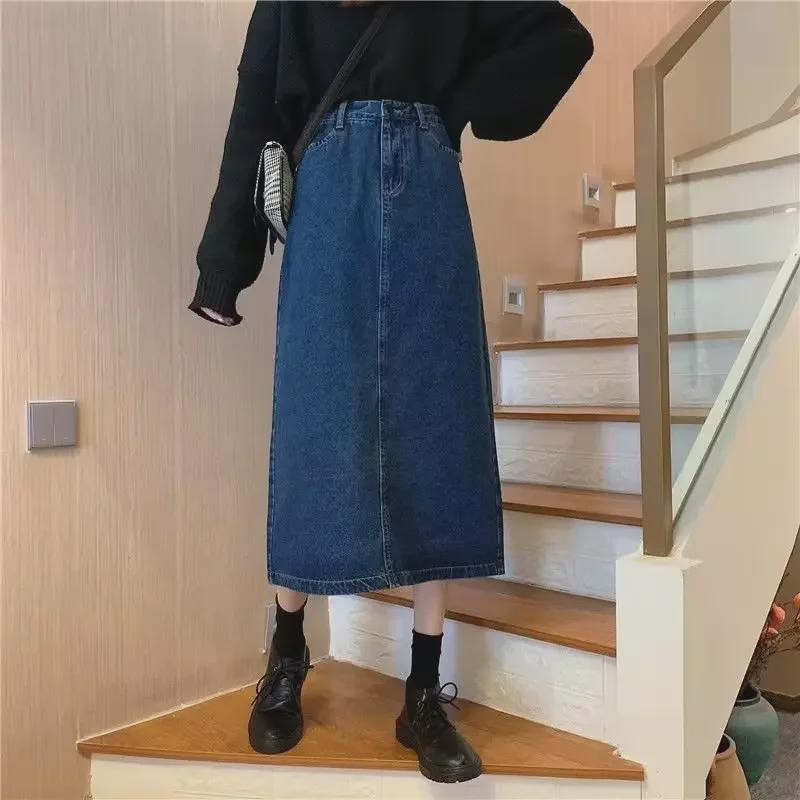 2023 New Women's High Waist A-Line Denim Skirt - Mid-Length, Retro Korean Winter Style
