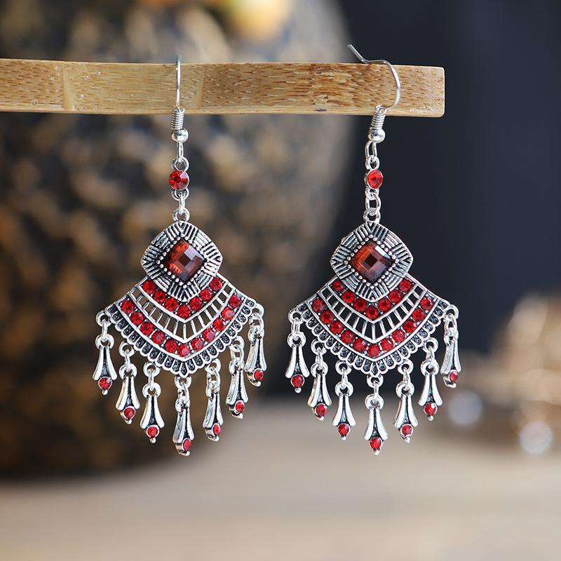 

Vintage Bohemian Drop Dangle Earrings For Women Hollow Geometric Crystal Rhinestone Tassel Boho Wedding Zircon Earrings Gift красный